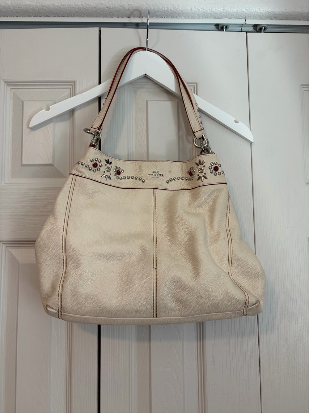 Coach Lexy Chalk White Rivet Detail Triple Compartment Shoulder Bag Purse